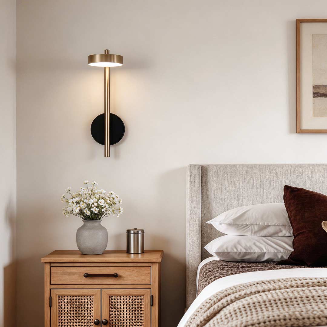 Bedside lamps for wall with a modern design, mounted beside a cozy bed and wooden nightstand.
