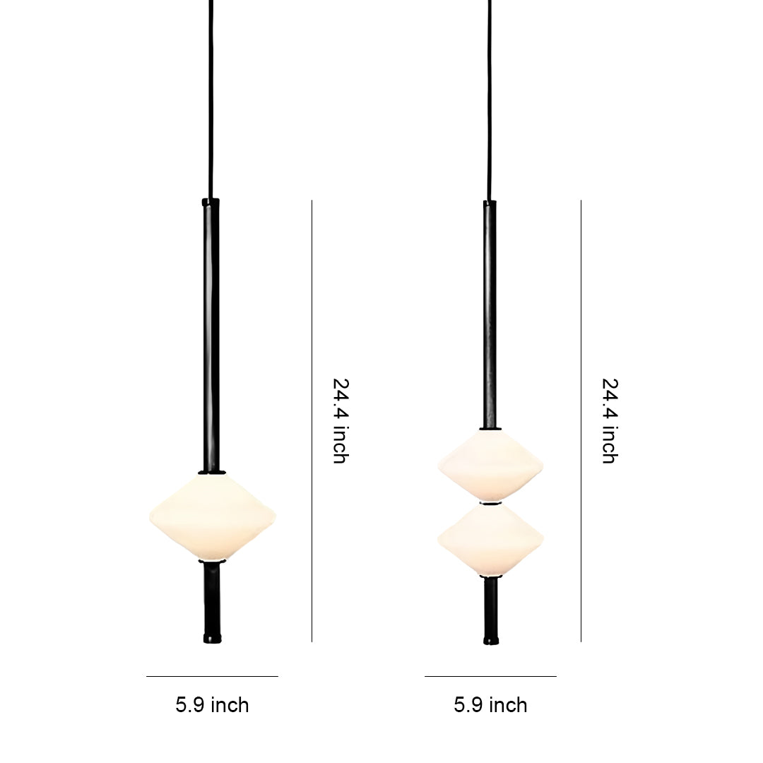 Minimalist bedside pendant lights with white glass shades and black suspension rods for modern bedroom lighting