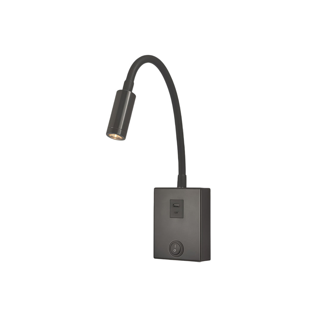 Modern bedside reading wall lights featuring black rectangular backplate and adjustable spotlight arm.