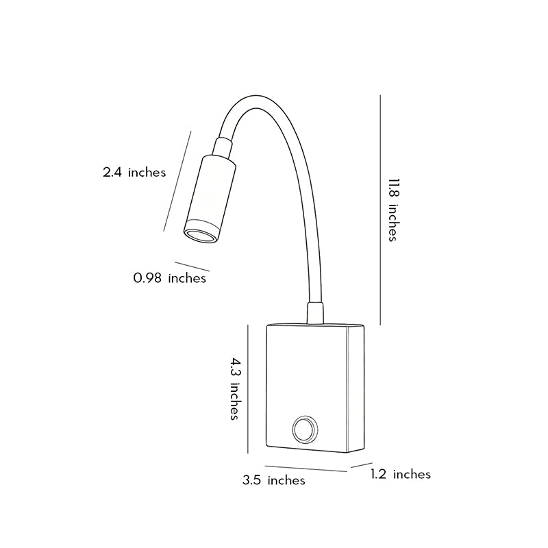 Dimension drawing of bedside reading wall lights showing measurements for gooseneck wall lamp installation.