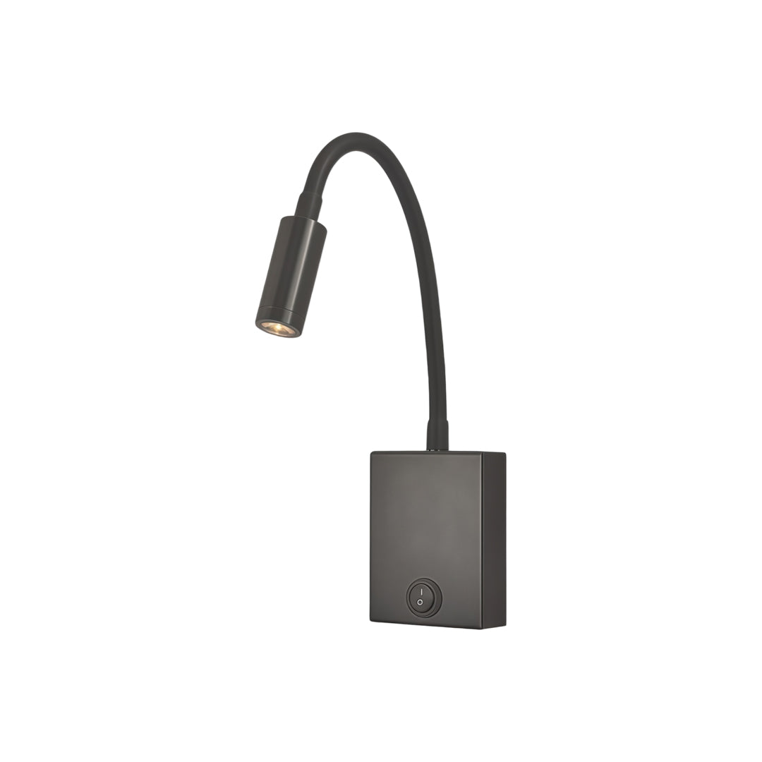 Minimalist bedside reading wall lights with flexible gooseneck spotlight and compact wall mounting base.