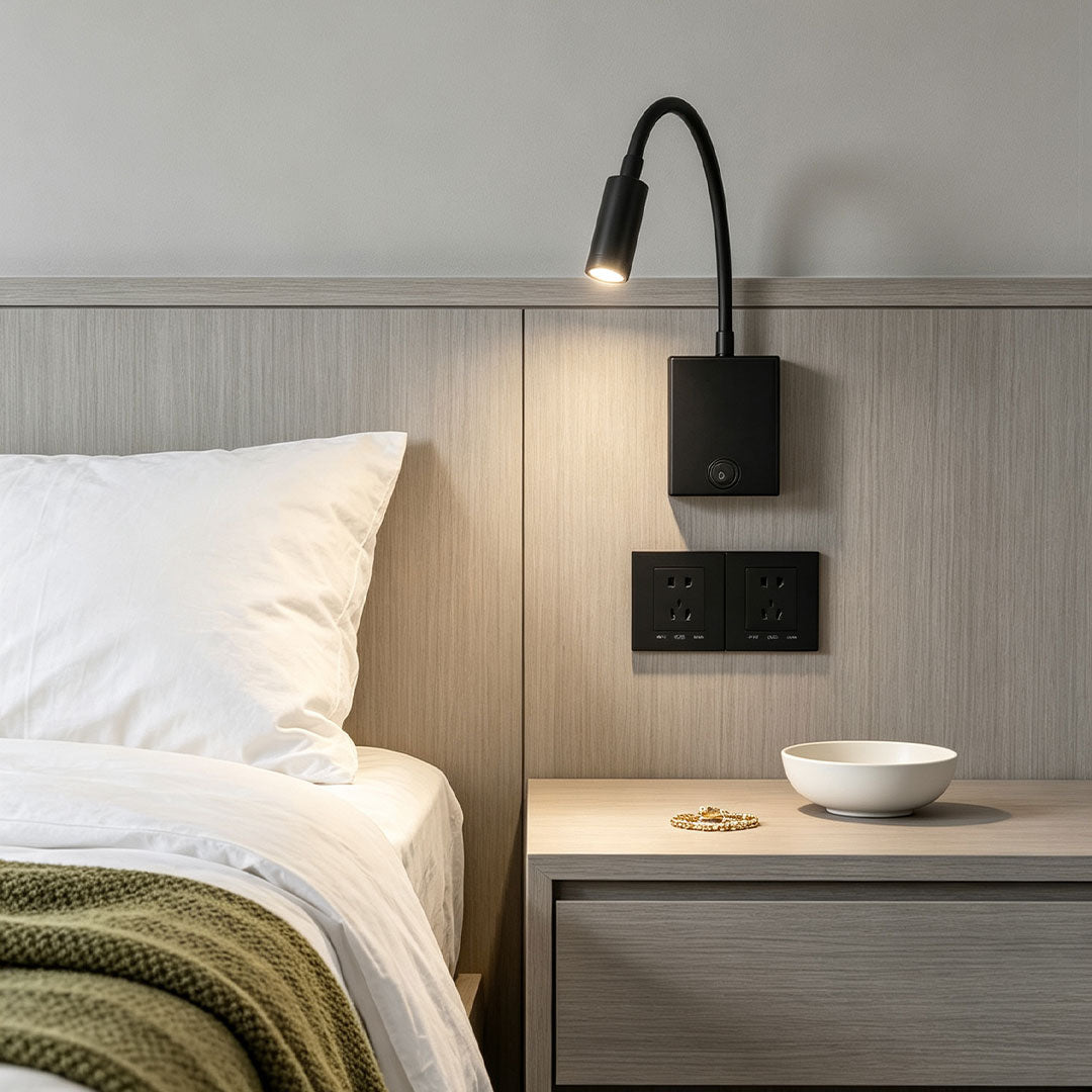 Modern bedside reading wall lights with flexible gooseneck spotlight and integrated USB charging ports.