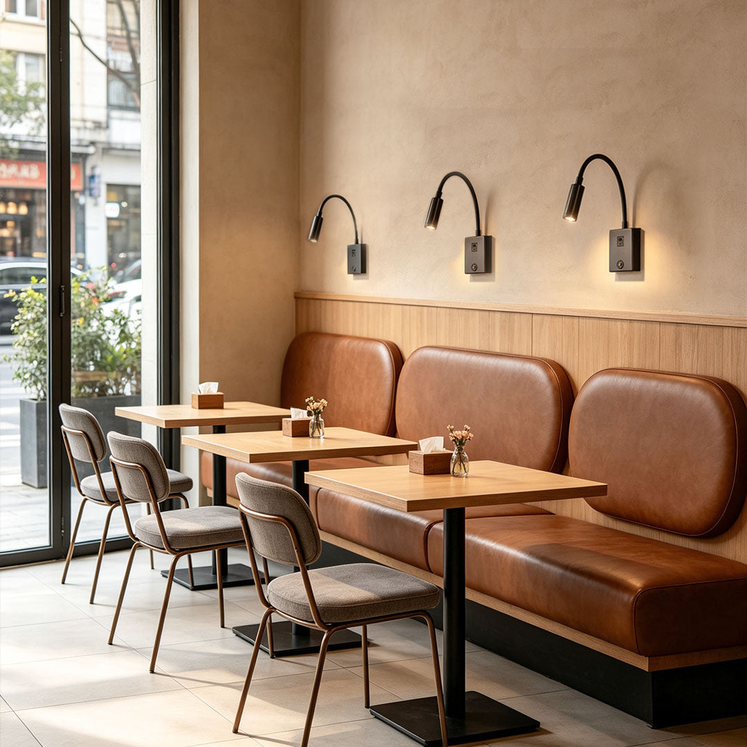 Contemporary bedside reading wall lights installed in restaurant seating area with flexible LED spotlights.