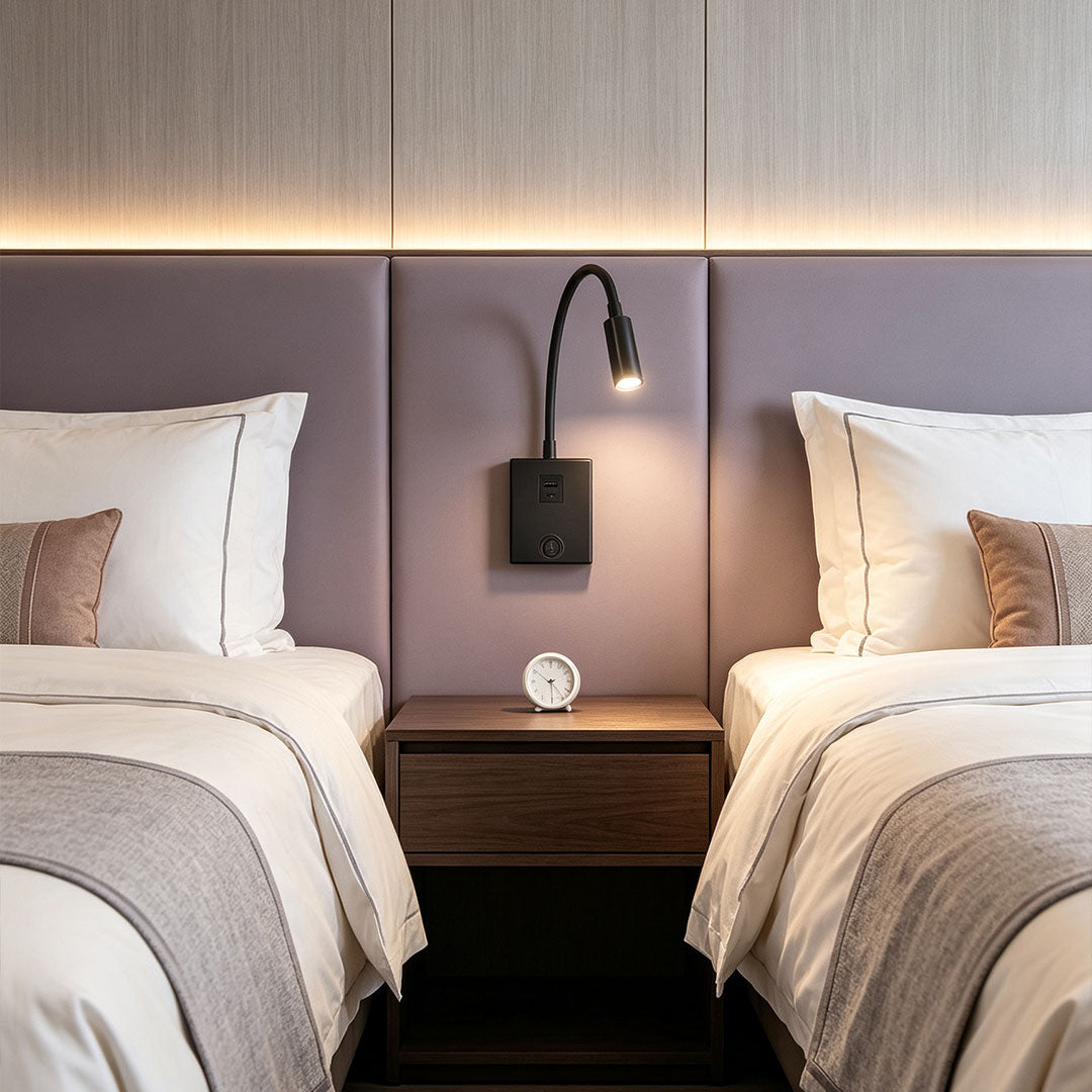 Elegant bedside reading wall lights between twin beds with adjustable gooseneck spotlight design.