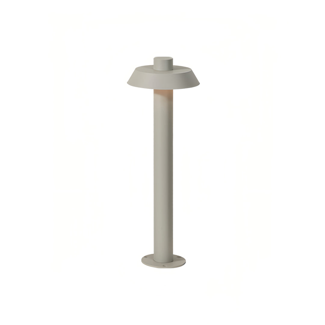 Short beige aluminum path lights with a dome-shaped top suited for soft garden illumination.