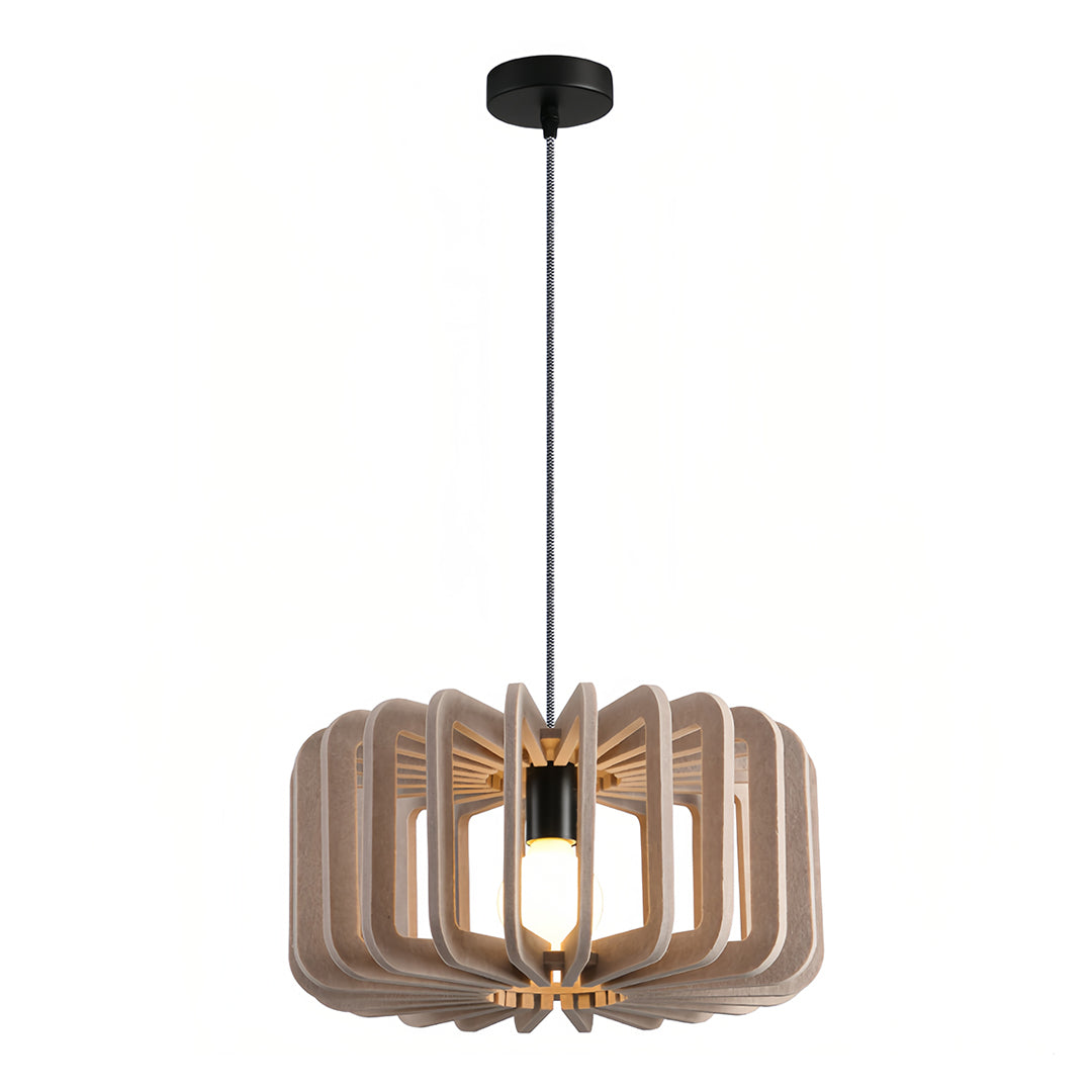 Neutral beige felt material Nordic pendant lights with wooden fin shade design.