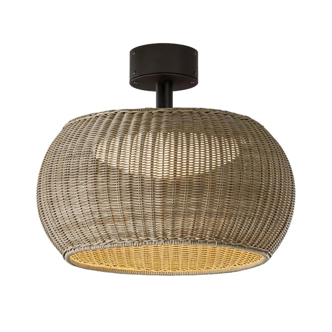 Beige woven flush mount light featuring a rounded basket shade and warm integrated LED.