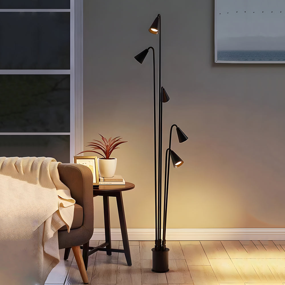 Bellflower lights with a close-up of their adjustable black arms and light heads.