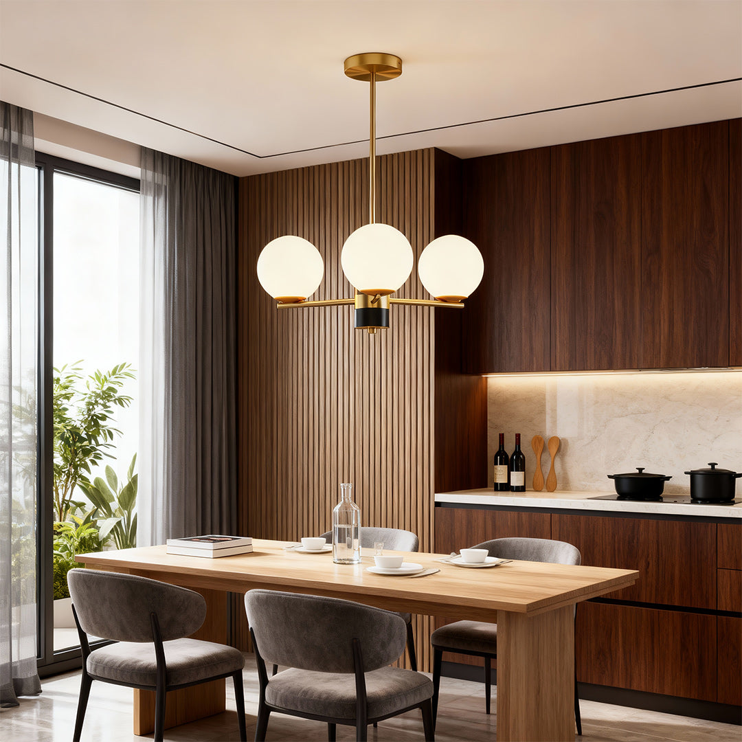 Best modern chandeliers lighting contemporary dining area with wood paneling and arched windows
