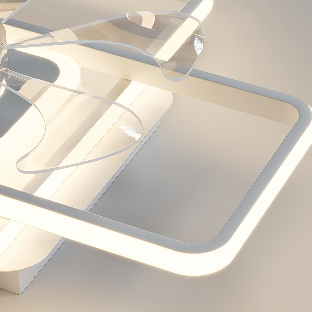 Close-up perspective of big ceiling fans with lights showing LED panel arrangement and frame