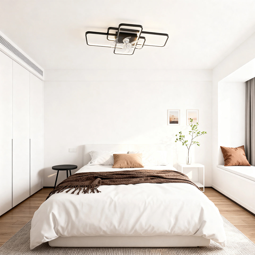 Big ceiling fans with lights mounted in cozy bedroom with neutral bedding and radiator