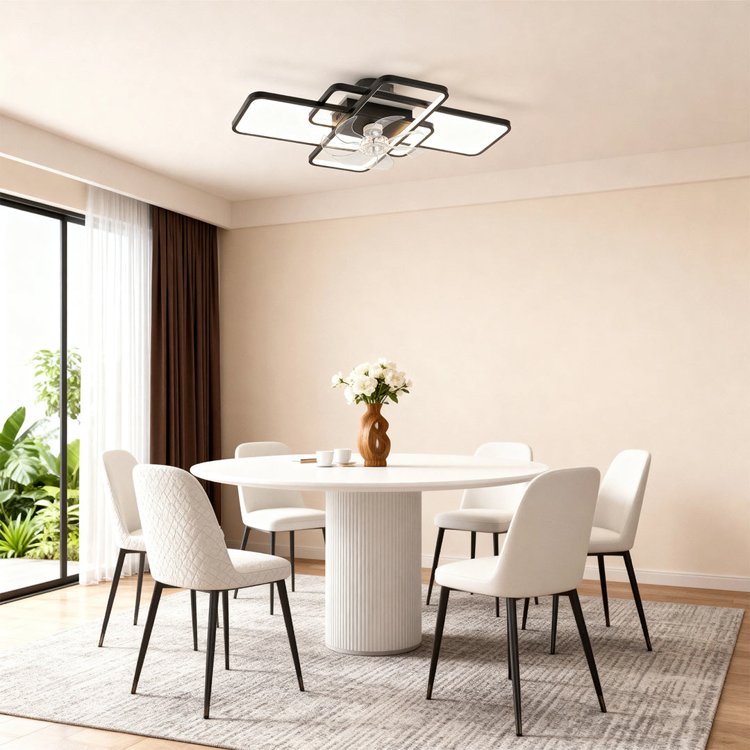 Big ceiling fans with lights enhancing dining area with white table and modern brown chairs