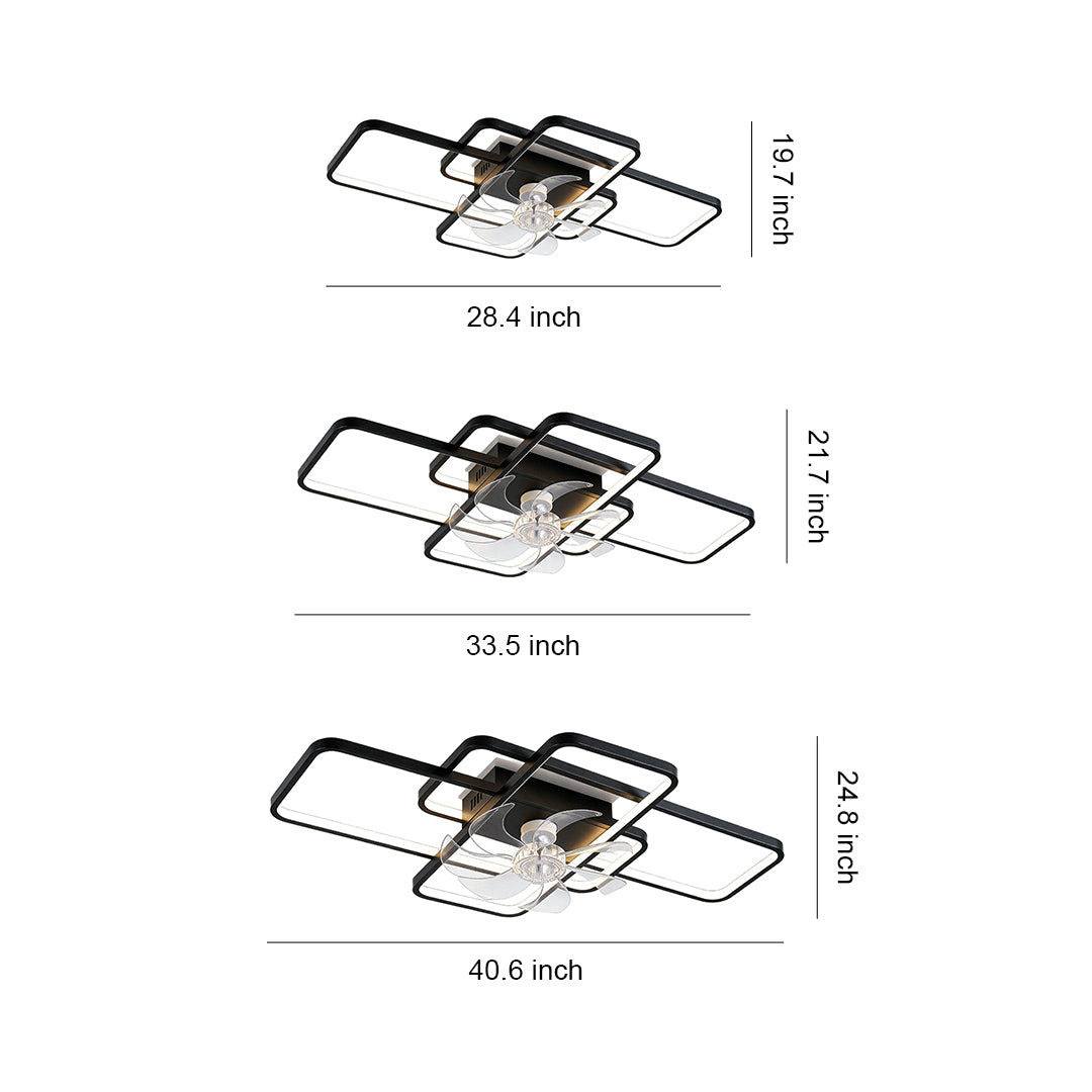 Size comparison chart displaying three big ceiling fans with lights in different dimensions