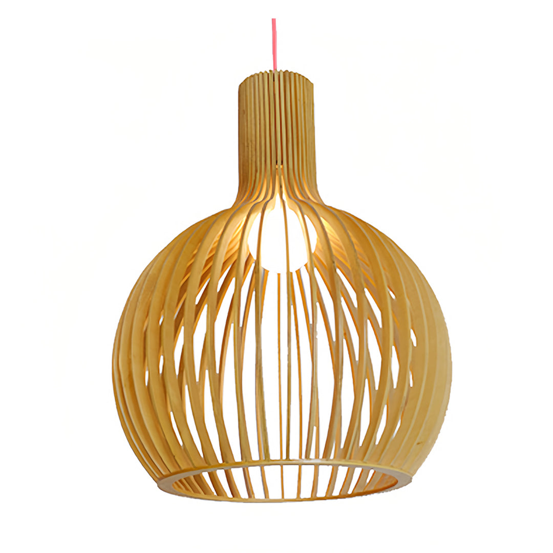 Japanese basswood bird cage pendant light blends natural wood design with soft illumination, ideal for Zen, Nordic, or minimalist home décor.