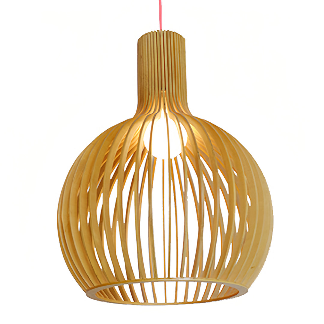 Add warmth and character with this bird cage pendant light, crafted from Japanese basswood for elegant wooden ceiling lighting.