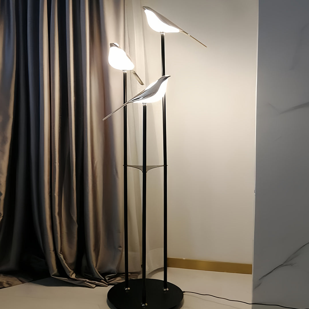 Bird floor lamp in modern hallway with neutral tones providing directional lighting and contemporary design element