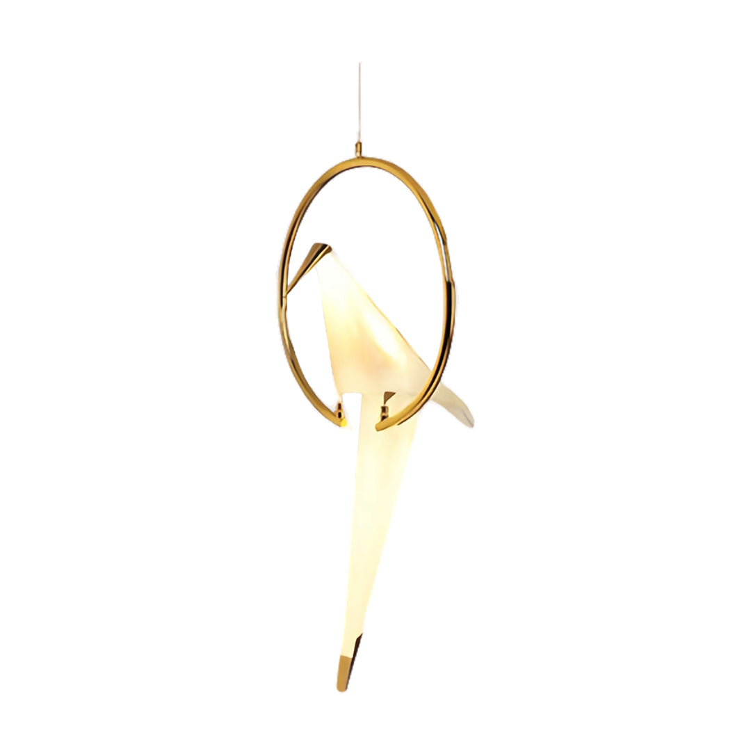 Bird wall light in a hanging version, showcasing its bird silhouette and golden hoop.