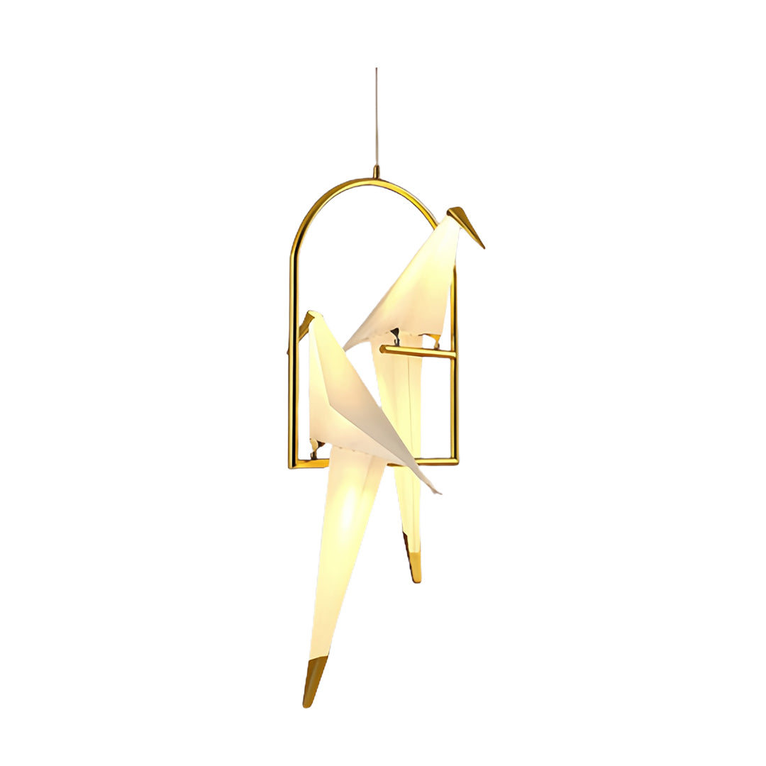 Bird wall light in a pendant version, hanging above a wooden table.