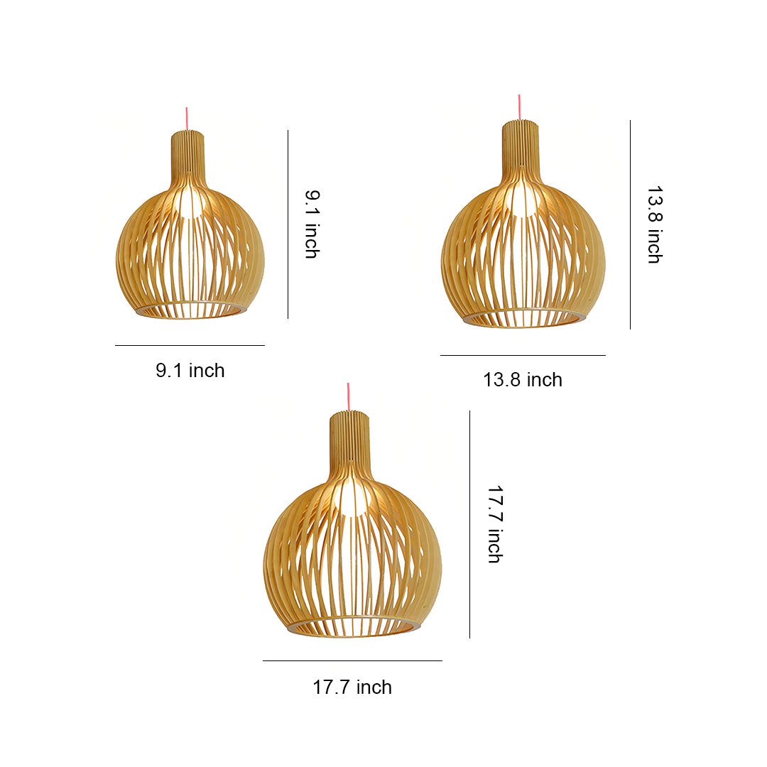 Bird cage pendant light dimensions and installation guide, wooden slat design illustration