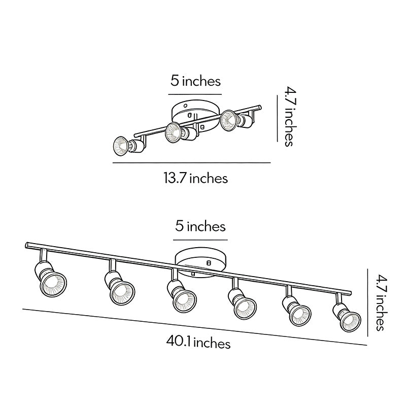 Black adjustable ceiling lights dimension diagram illustrating length, spacing, and installation measurements.