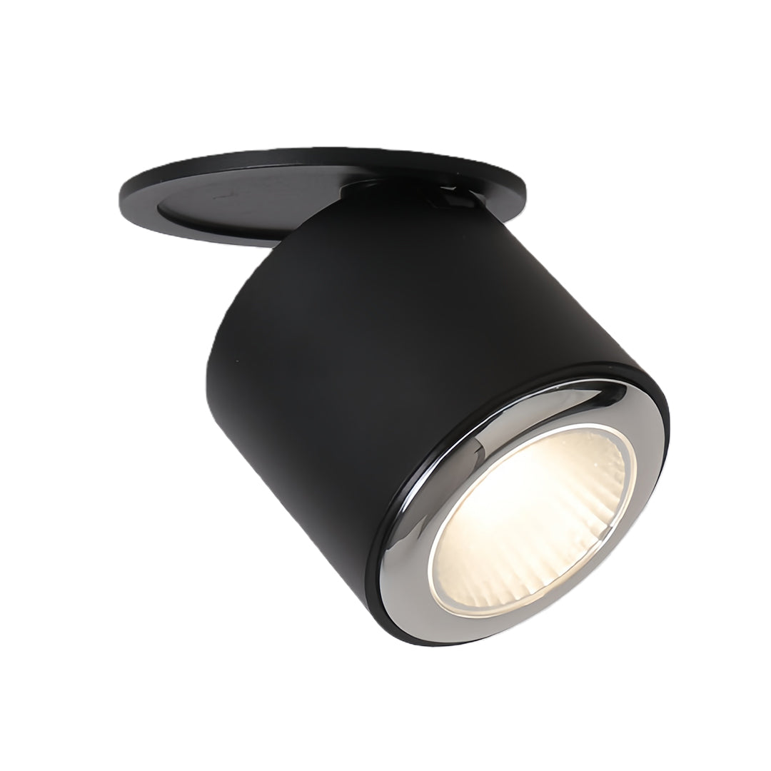 Black adjustable spotlight featuring cylindrical design with warm LED and rotation capability