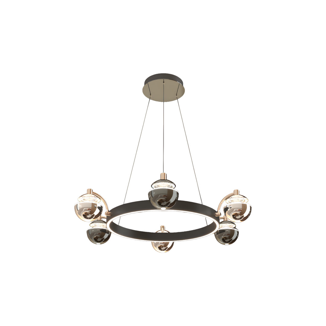 Black and gold modern chandelier with circular ring frame and suspended smoke-tinted glass globe pendants