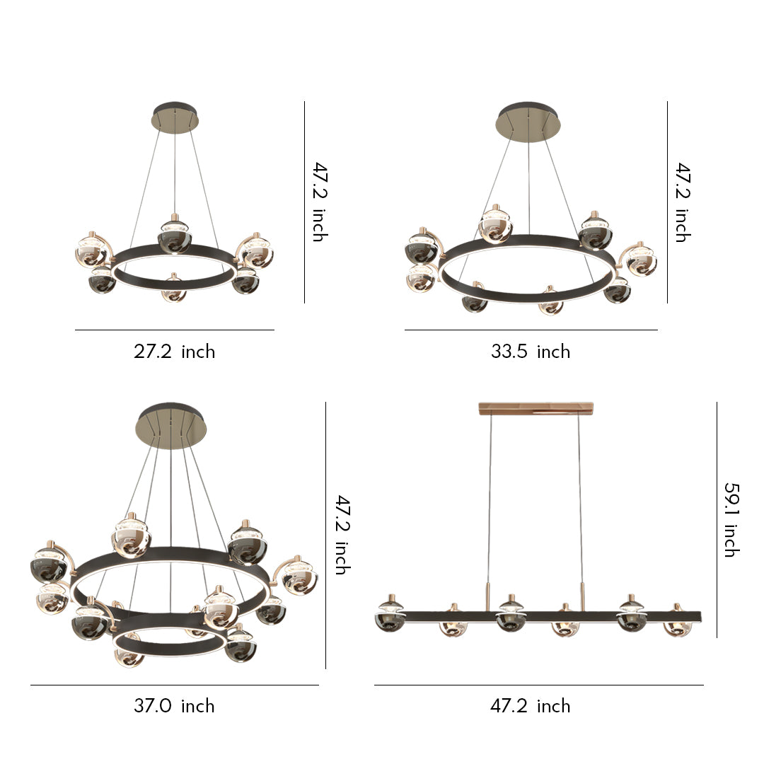 Black and gold modern chandelier collection showing circular and linear designs with spherical glass elements in various configurations
