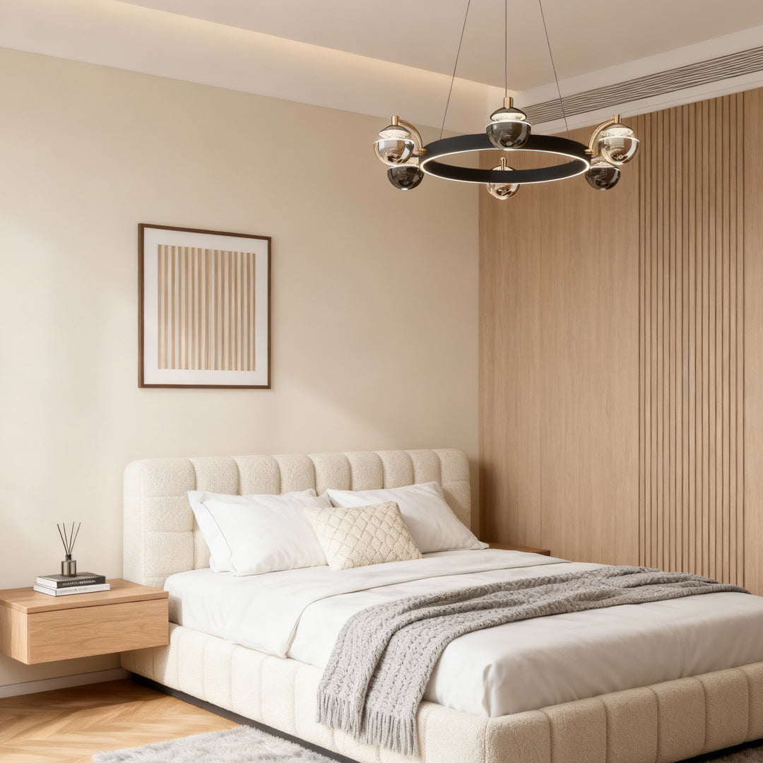Black and gold modern chandelier creating focal point in serene bedroom with wood nightstands and soft neutral palette