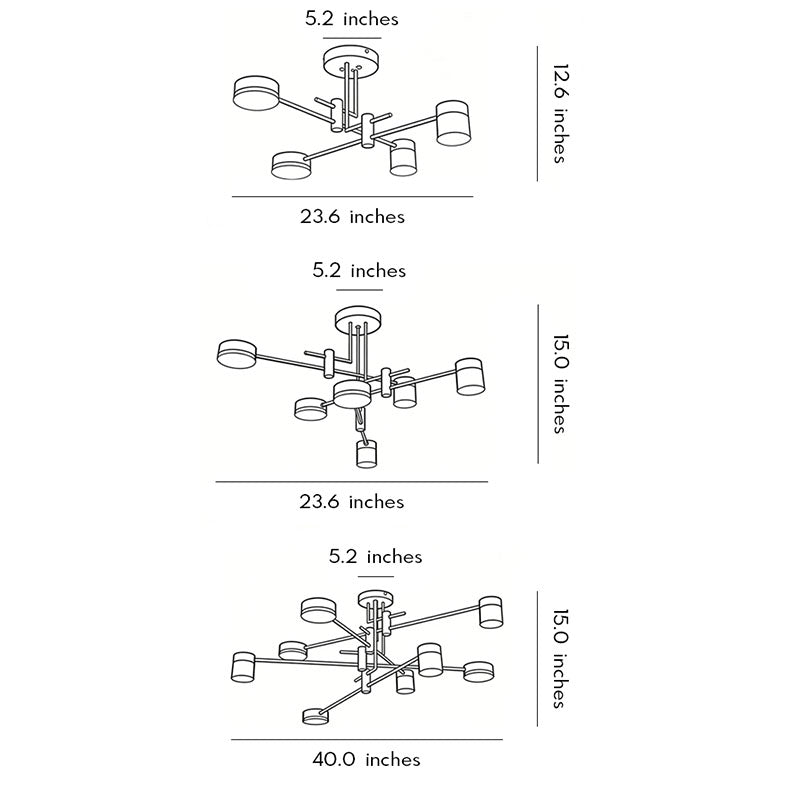 Dimension diagram of black and gold sputnik ceiling light showing overall size and installation details.