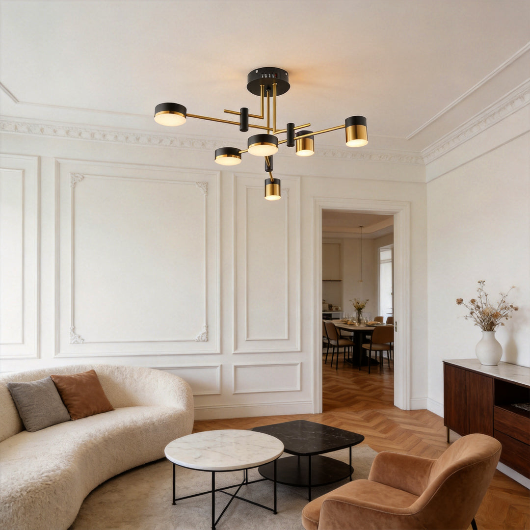 Black and gold Sputnik chandelier with geometric radial LED arms in a living room