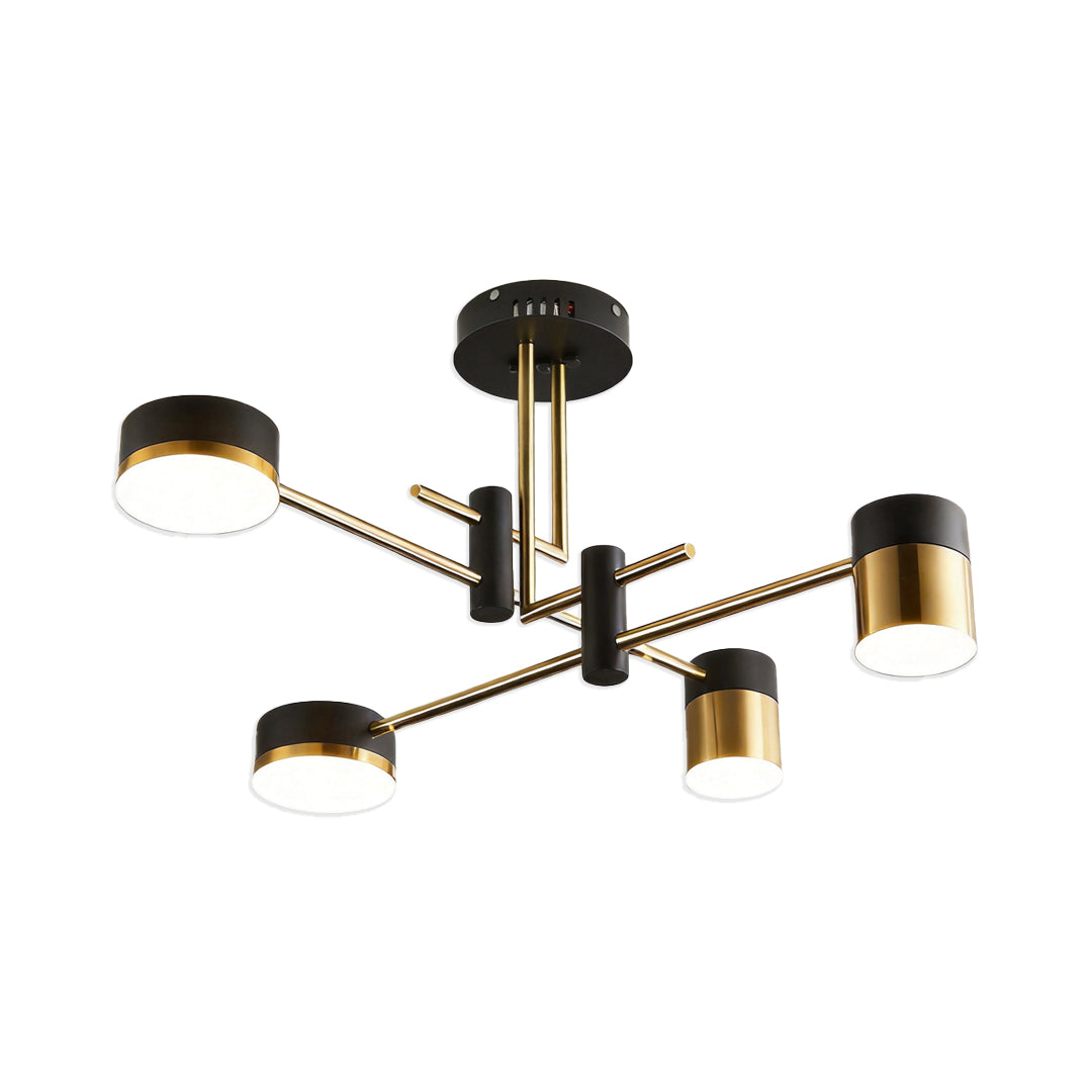 Product image of black and gold sputnik ceiling light with multiple arms on a white background.
