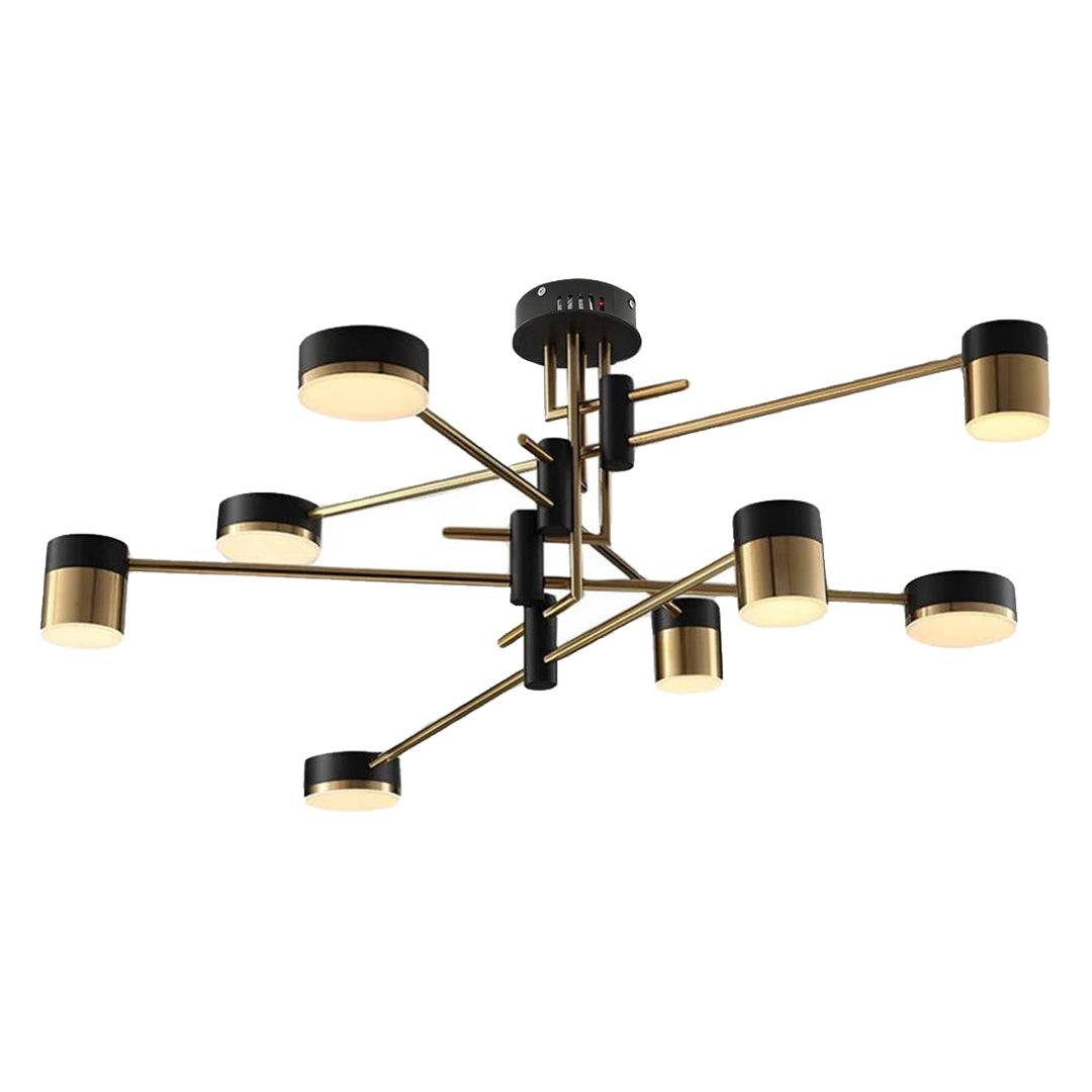 Top view of black and gold sputnik ceiling light showing radial arm structure and central mount.