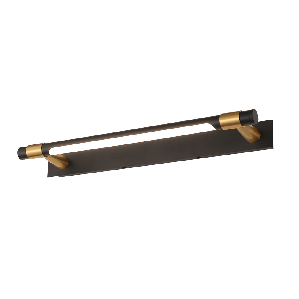 Black and gold vanity light in black, side view of the minimalist design.