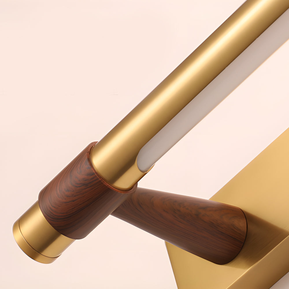 Black and gold vanity light with a close-up of the wooden and gold handle.