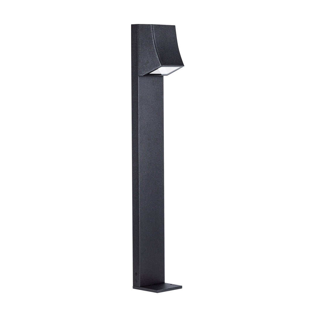 Tall black outdoor path light with angled top and minimalist design