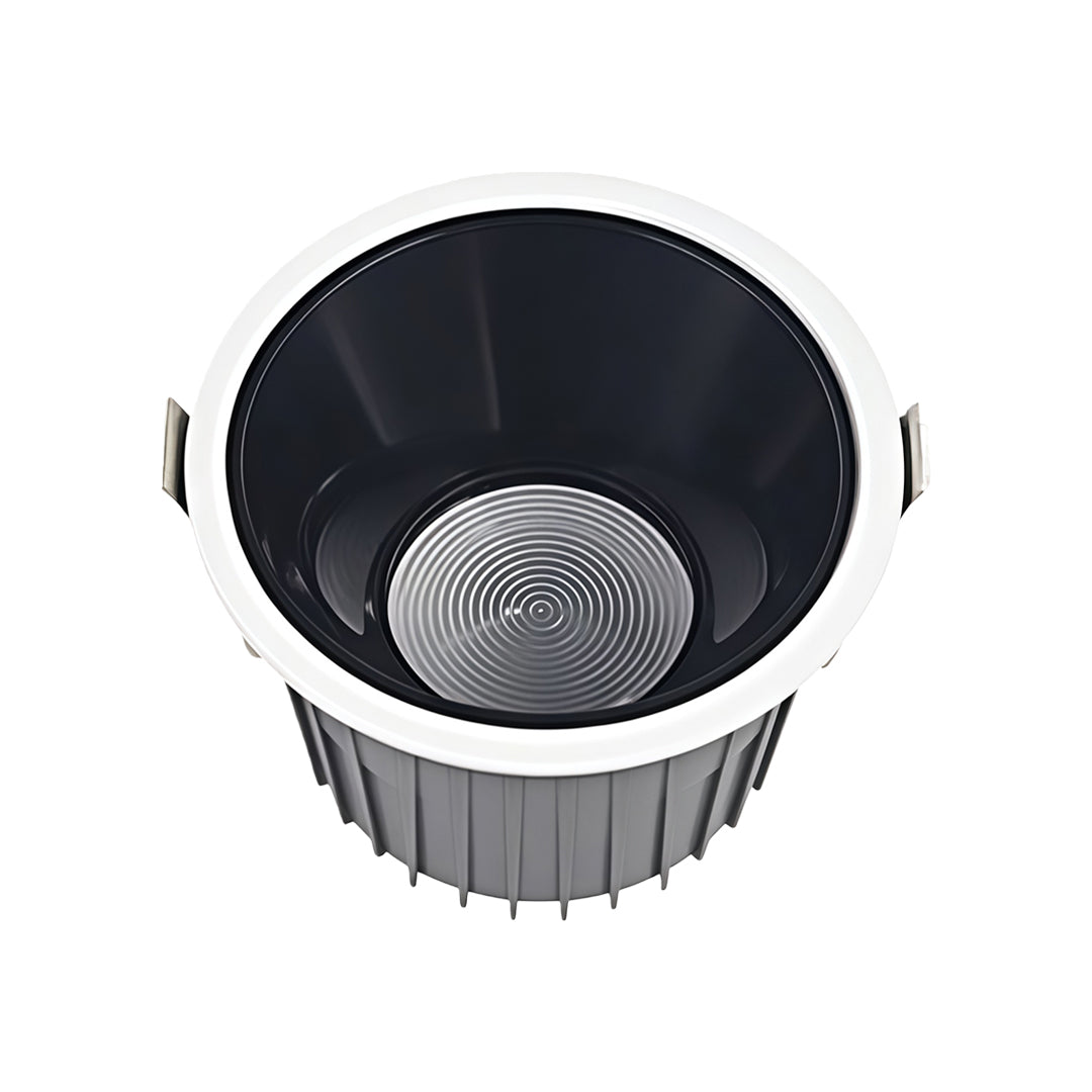 Black anti glare downlight featuring deep cone design and heat sink for optimal light control