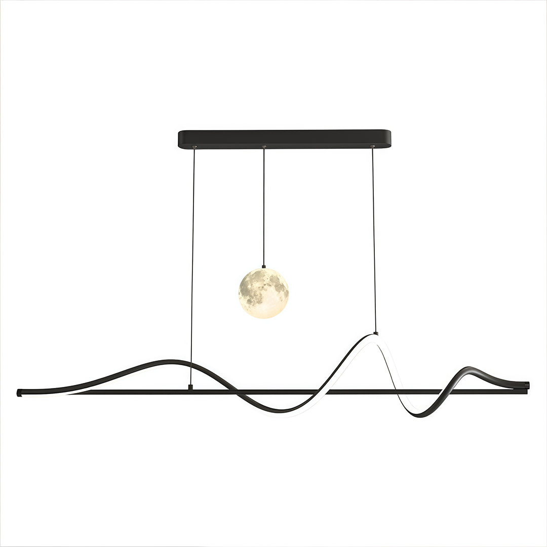 Black art deco pendant light with flowing wave design and dual spherical glass shades suspended from linear canopy.