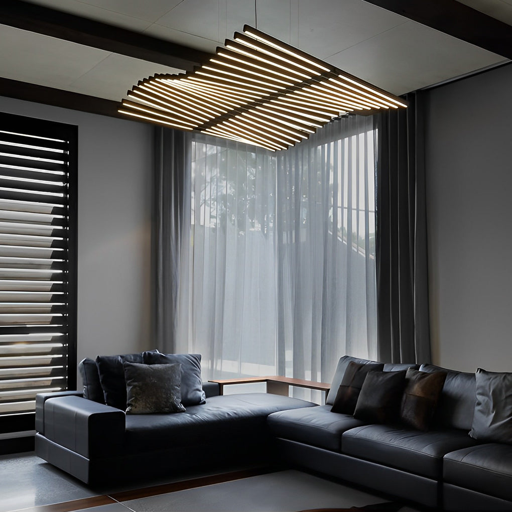 Black art pendants light in a living room, providing a bold statement with its unique design.