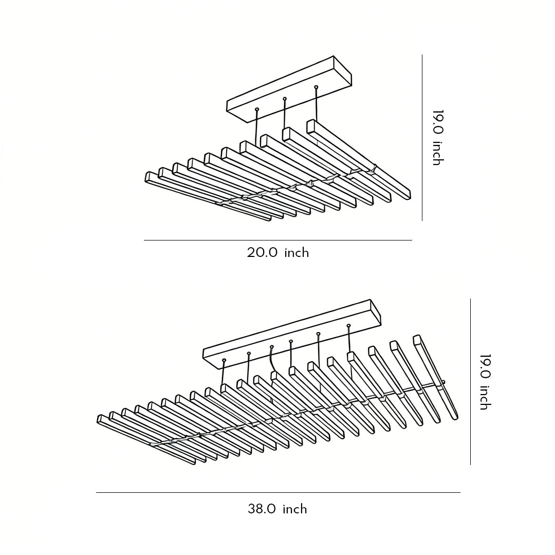 Black art pendants light technical drawing, showcasing its dimensions and intricate design.