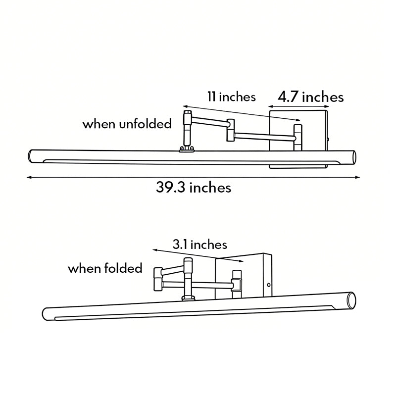 Dimension diagram of a black bar vanity light, showing 39.3-inch length and folded and unfolded sizes.