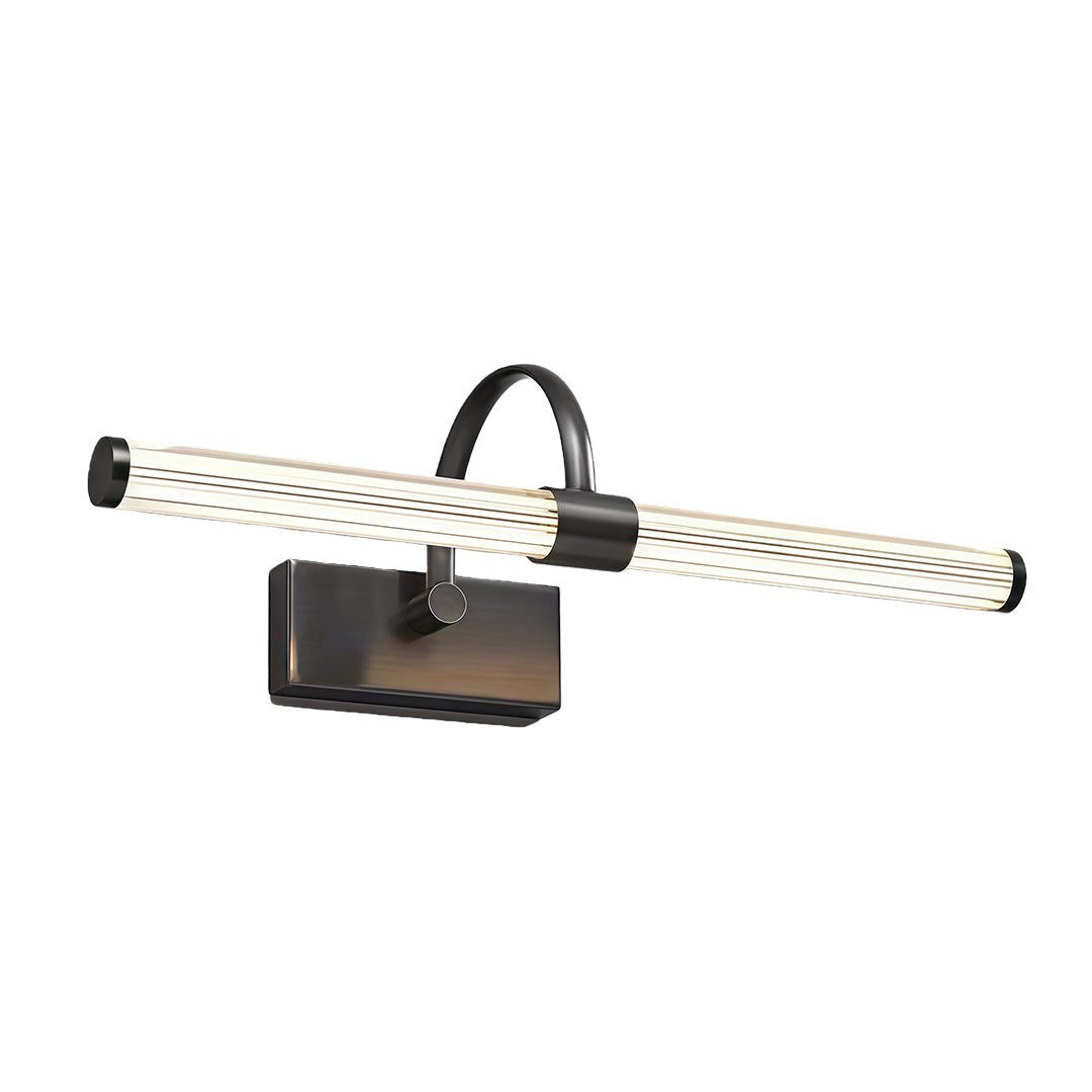 Black bathroom vanity wall light with matte finish, geometric backplate, and horizontal LED element.