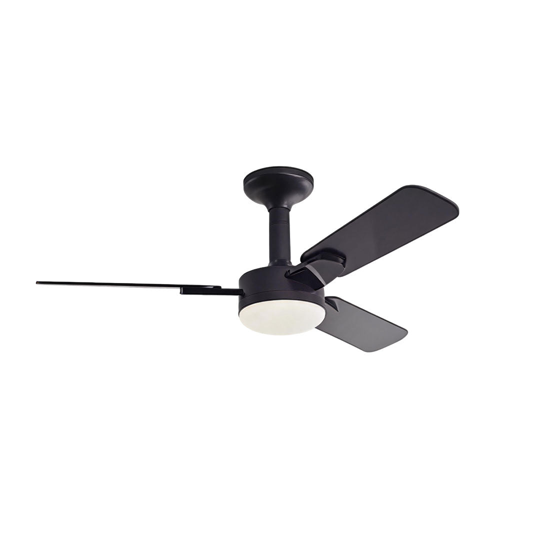 Copper ceiling fan with light featuring black blades and a dark modern motor housing.
