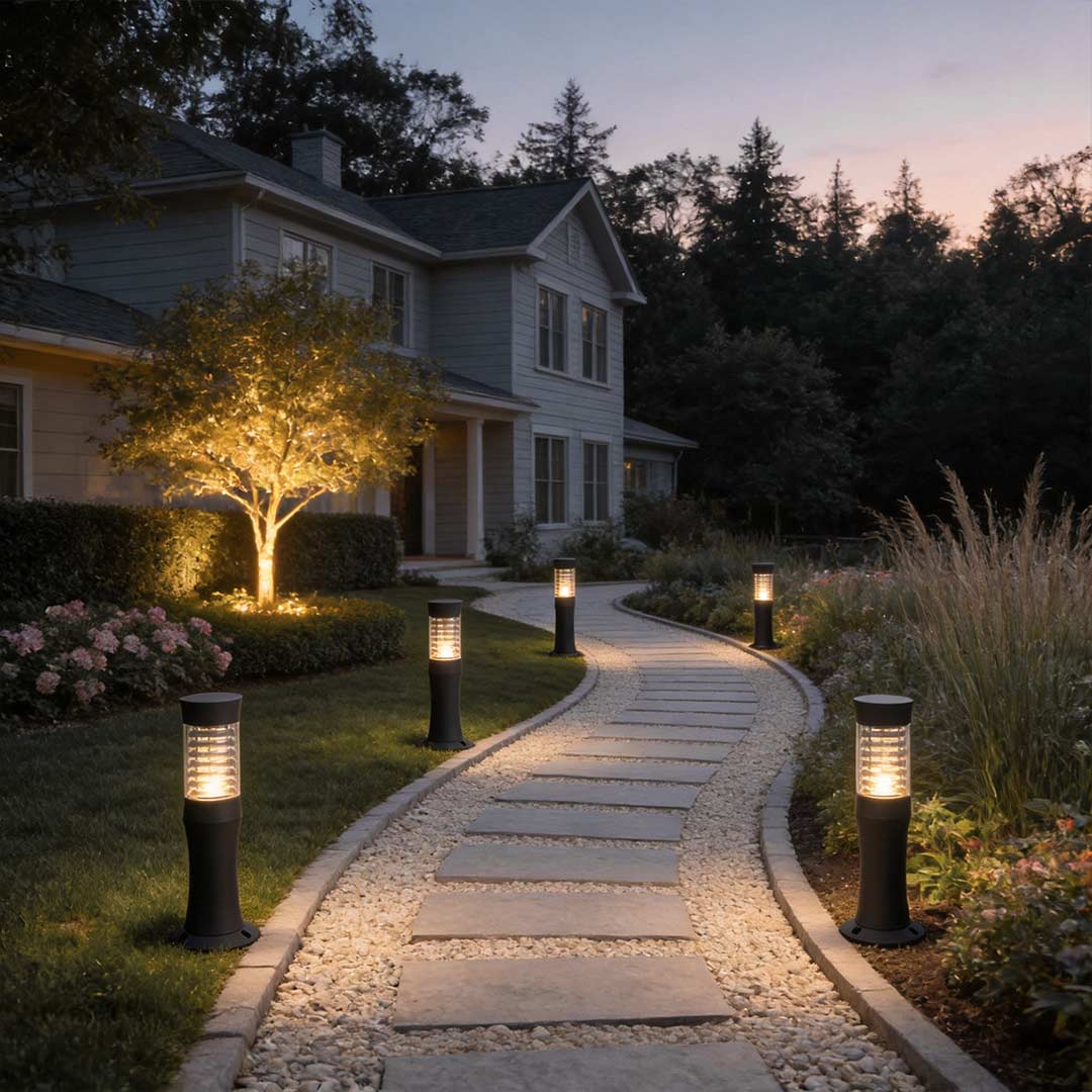 Black bollard garden lights illuminating a modern garden pathway with warm ambient glow.