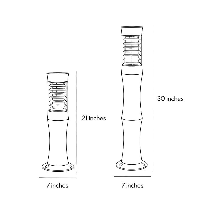 Technical diagram showing dimensions and structure of black bollard garden lights models.