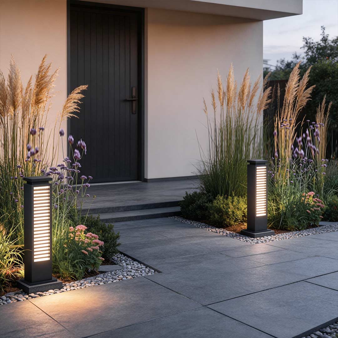 Black bollard light illuminating a modern garden pathway with warm directional glow.