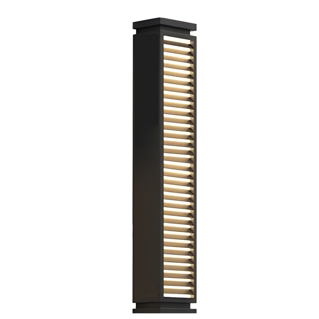 Black bollard light with rectangular slats and warm light diffusion.