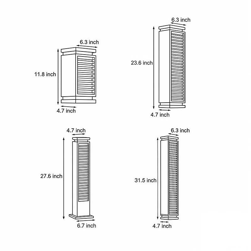 Technical diagram showing dimensions and structure of black bollard light models.