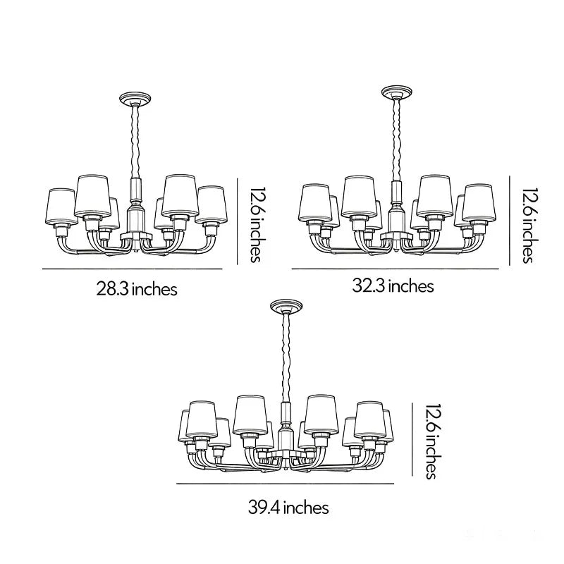 Black brass chandelier dimensions drawing showing fixture width, height, and different size options.