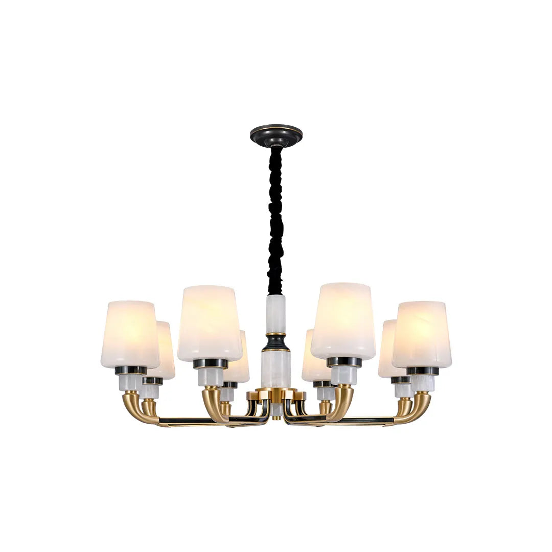 Black brass chandelier showcasing a symmetrical multi-light design with classic decorative details.