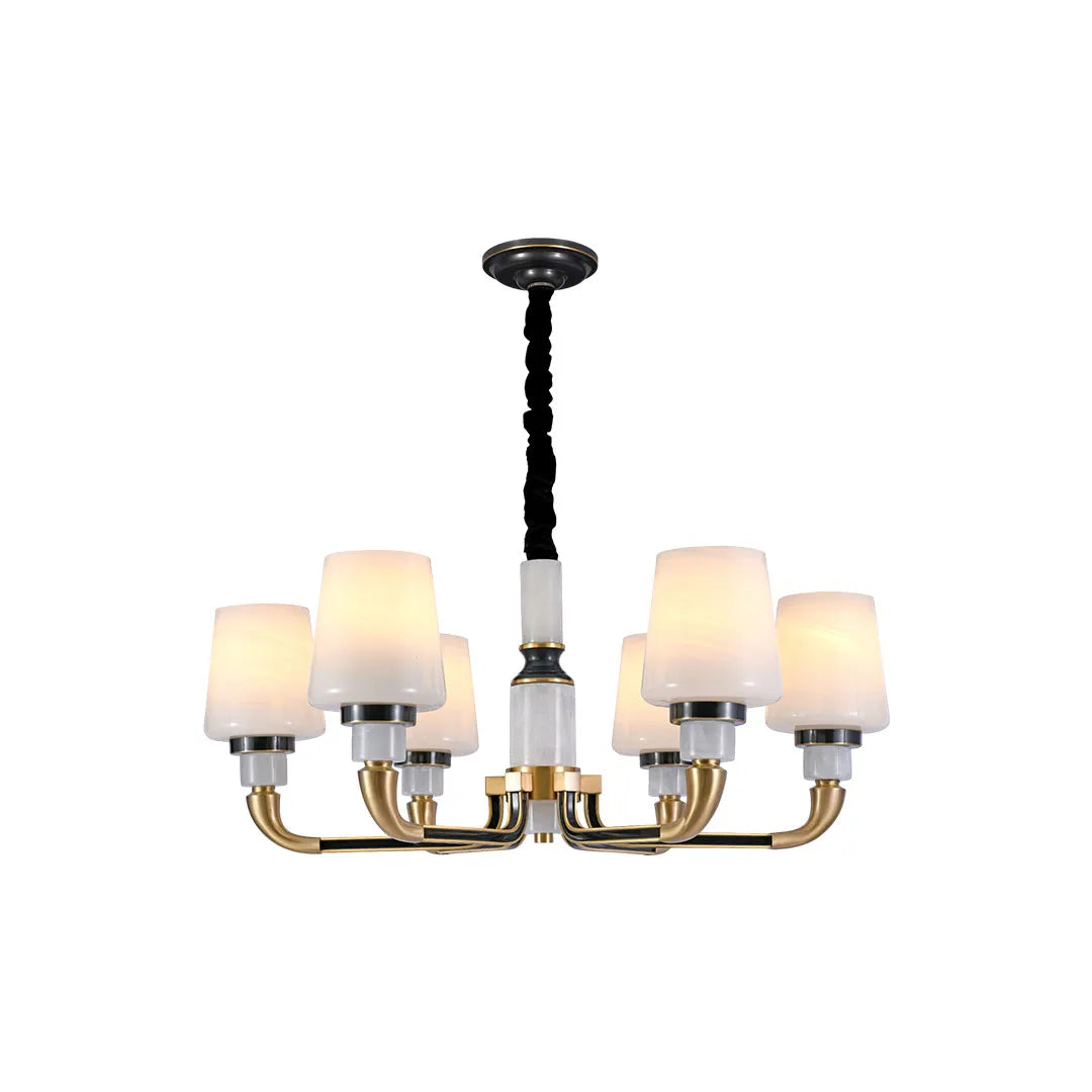 Black brass chandelier with multiple candle lights and fabric shades on white background.